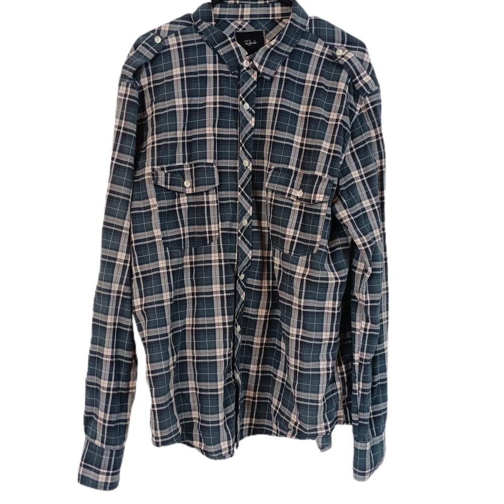Rails Shirt Mens XXL‎ Blue Plaid Epaulette Button Down Long Sleeve Academia